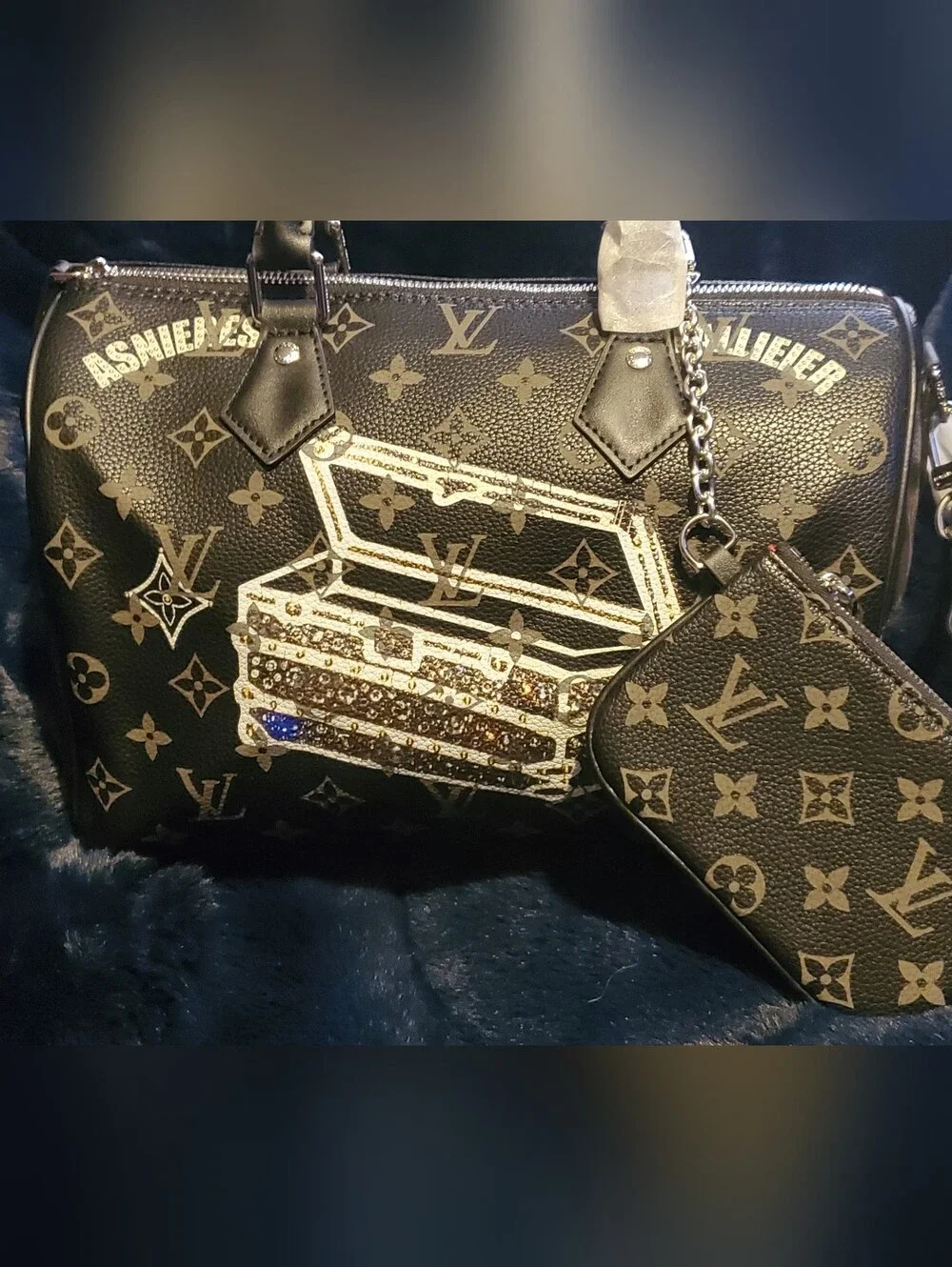Monogram Print Black Satchel with Trunk Graphic and Chain Pouch